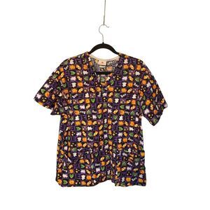 Peaches women’s Halloween nurses scrub top ghost candy, corn S/M